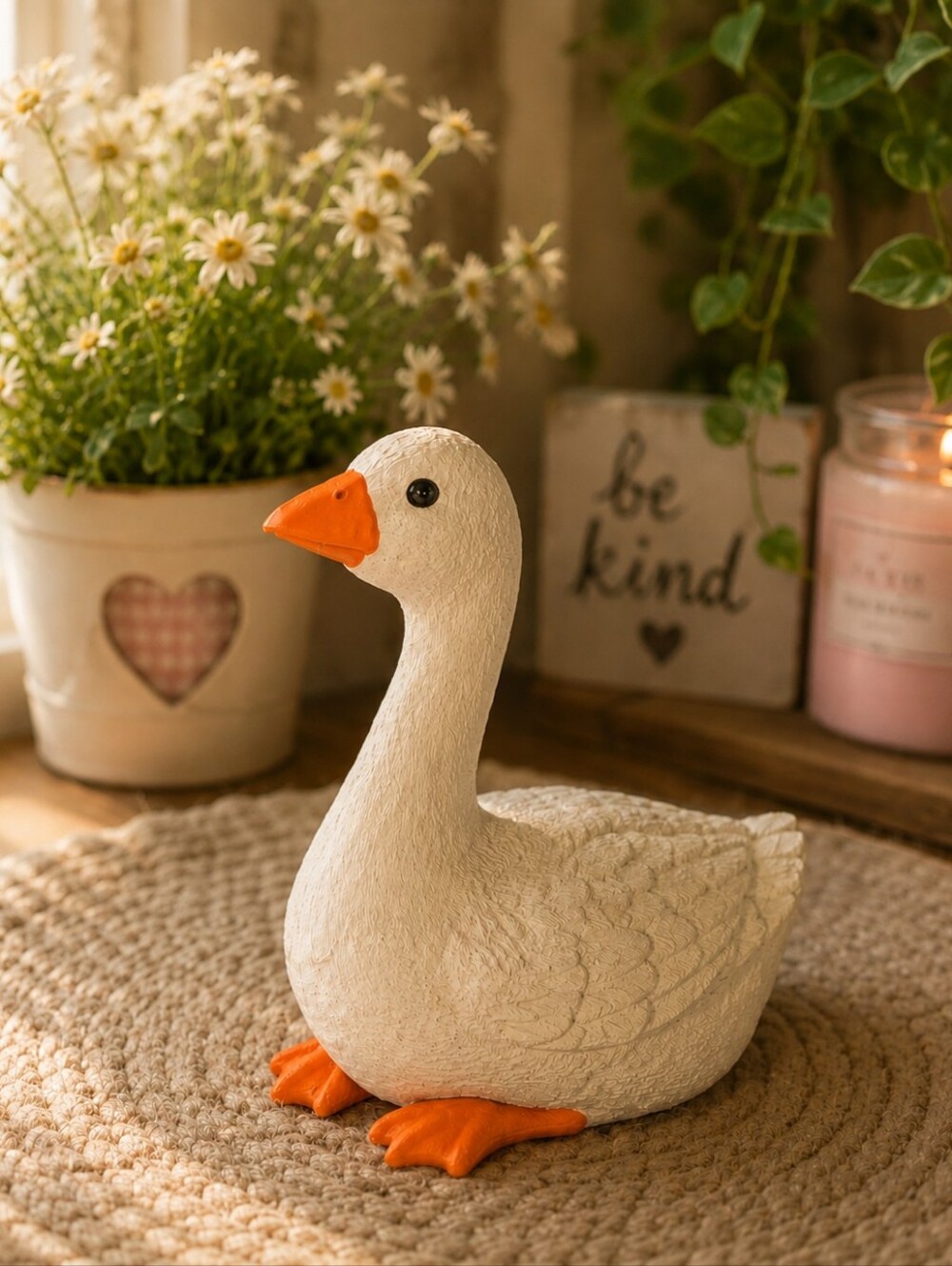 7" White Decorative Concrete Desk Goose Figurine with Orange Beak and Feet